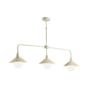 Cream-colored industrial-style pendant light with three conical shades frosted glass bulbs distressed white 110v-120v