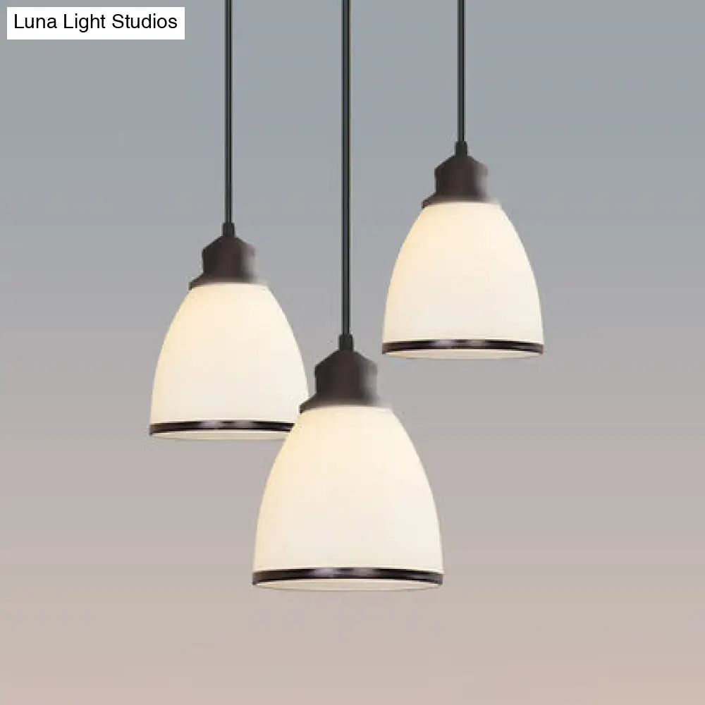 Farmhouse Dome Pendant Lamp: White Glass Hanging Light Fixture in Black - Indoor Use