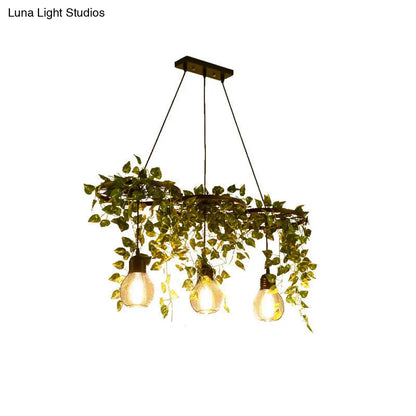 Farmhouse Green Metal Wagon Wheel Chandelier with 3 Hanging Lights and Artificial Ivy Deco