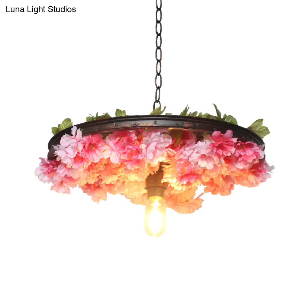 Farmhouse Hanging Lamp: Pink/Blue Flower Pendant Light with Wagon Wheel Design, 8.5"/15"/19" Wide