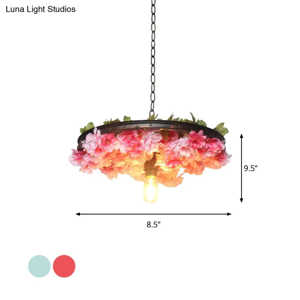 Farmhouse Hanging Lamp: Pink/Blue Flower Pendant Light with Wagon Wheel Design, 8.5"/15"/19" Wide