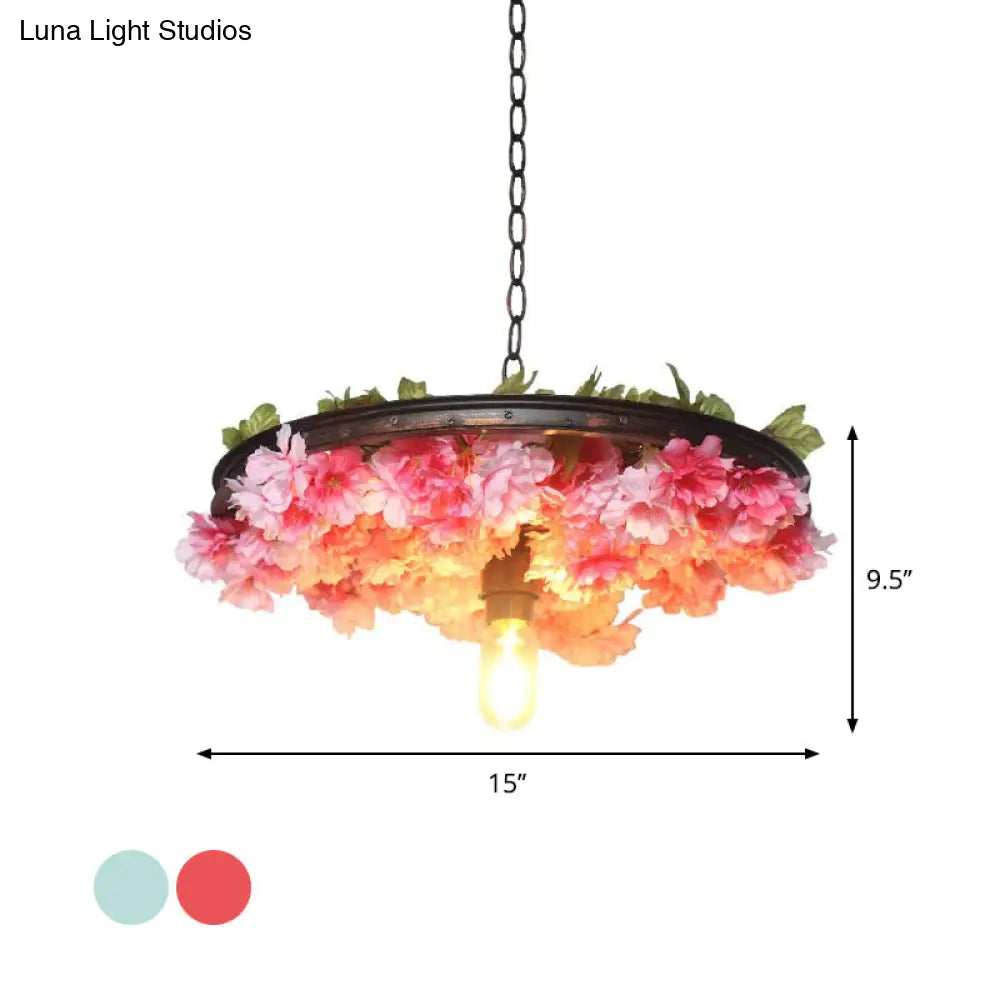 Farmhouse Hanging Lamp: Pink/Blue Flower Pendant Light with Wagon Wheel Design, 8.5"/15"/19" Wide