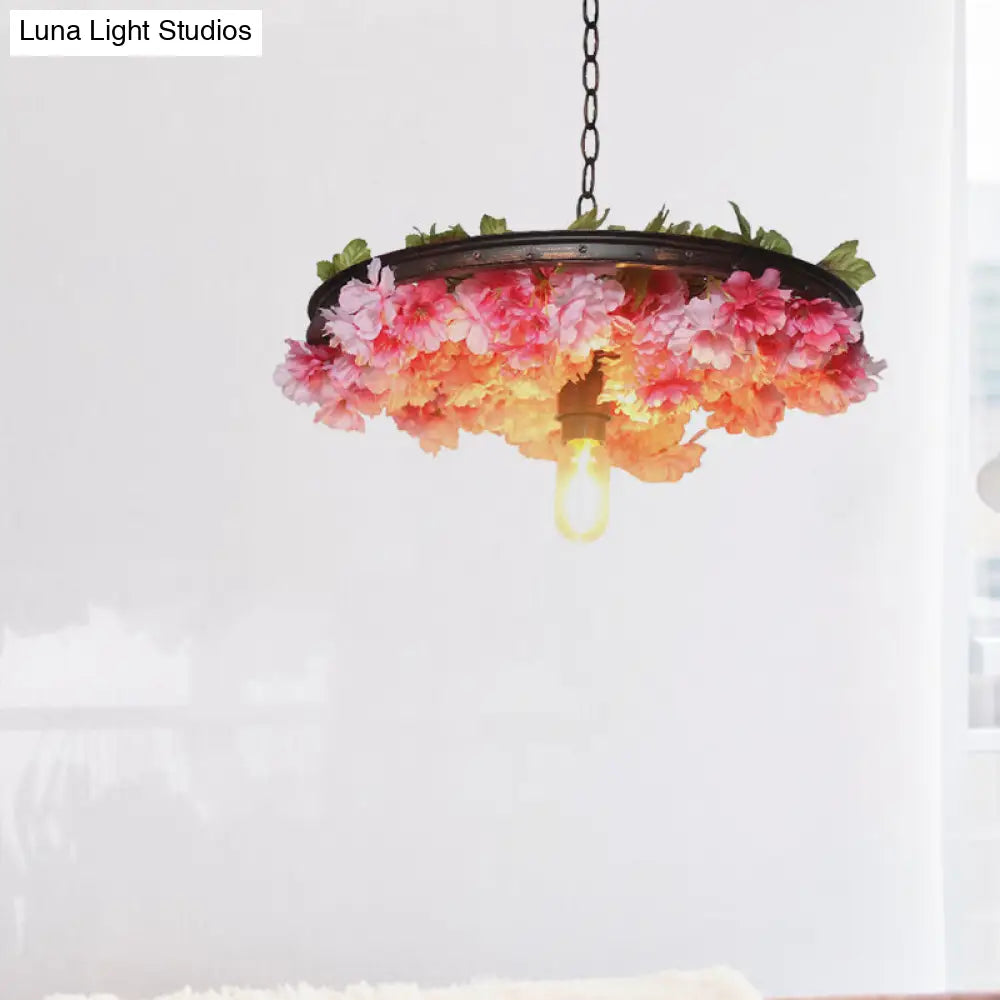 Farmhouse Hanging Lamp: Pink/Blue Flower Pendant Light with Wagon Wheel Design, 8.5"/15"/19" Wide