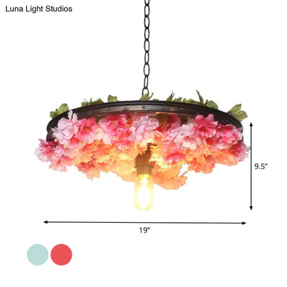 Farmhouse Hanging Lamp: Pink/Blue Flower Pendant Light with Wagon Wheel Design, 8.5"/15"/19" Wide