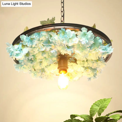 Farmhouse Hanging Lamp: Pink/Blue Flower Pendant Light with Wagon Wheel Design, 8.5"/15"/19" Wide