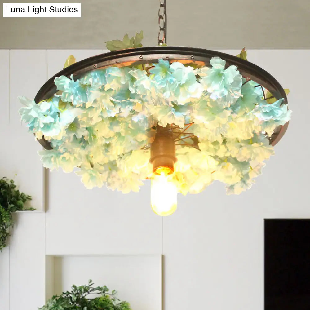 Farmhouse Hanging Lamp: Pink/Blue Flower Pendant Light with Wagon Wheel Design, 8.5"/15"/19" Wide