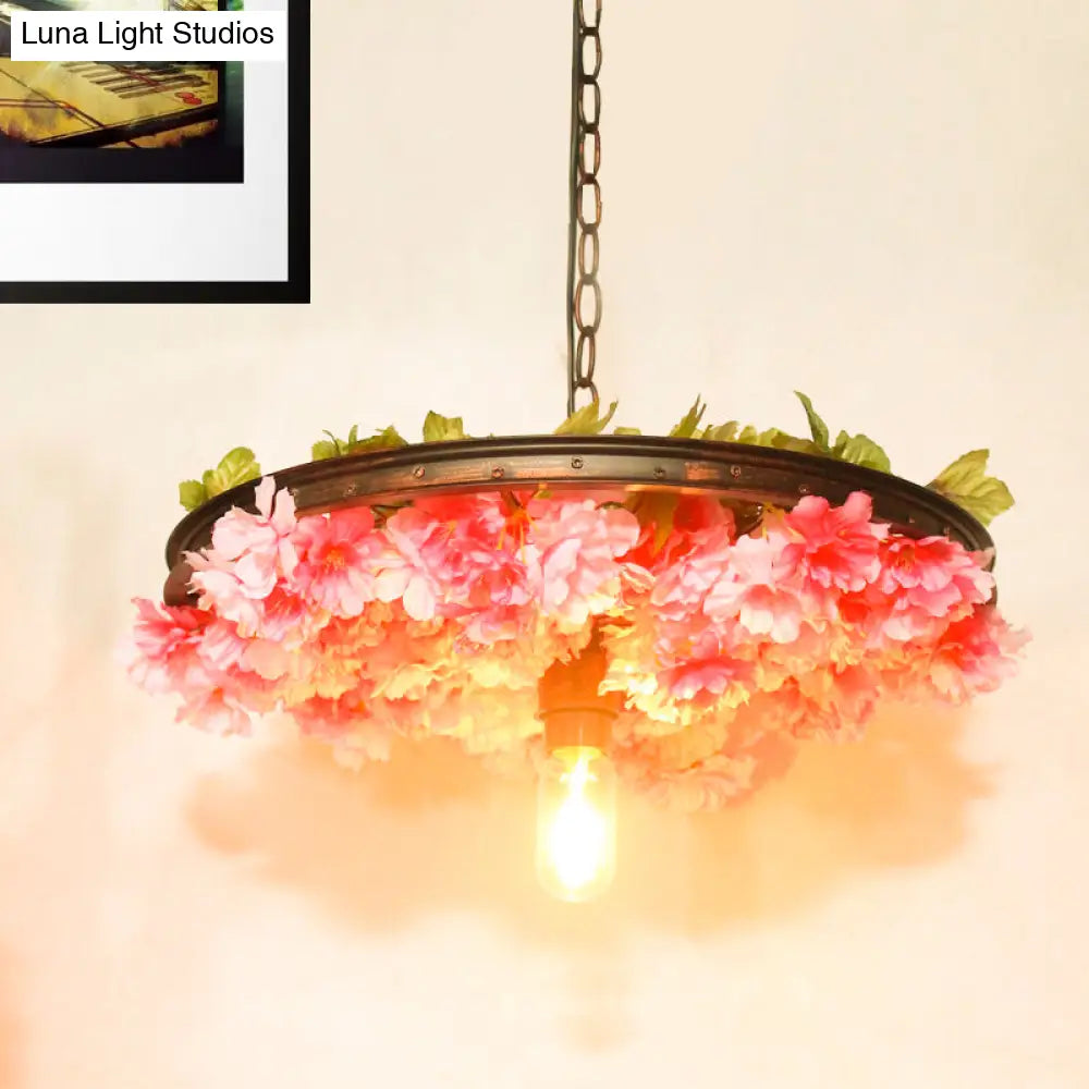 Farmhouse Hanging Lamp: Pink/Blue Flower Pendant Light with Wagon Wheel Design, 8.5"/15"/19" Wide