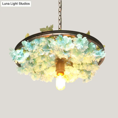 Farmhouse Hanging Lamp: Pink/Blue Flower Pendant Light with Wagon Wheel Design, 8.5"/15"/19" Wide