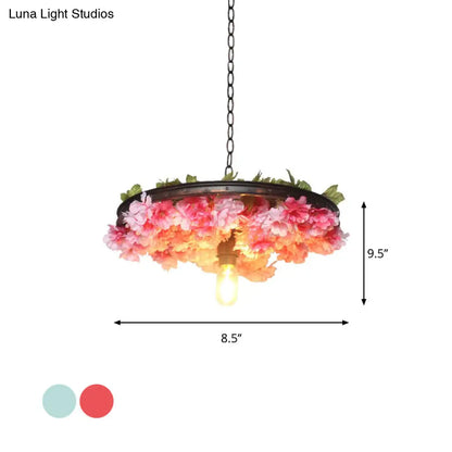 Farmhouse Hanging Lamp: Pink/Blue Flower Pendant Light with Wagon Wheel Design, 8.5"/15"/19" Wide