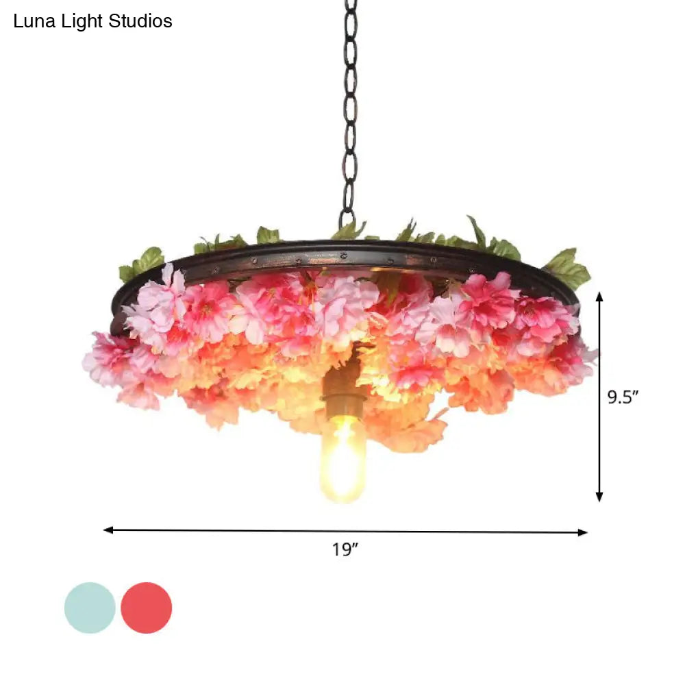 Farmhouse Hanging Lamp: Pink/Blue Flower Pendant Light with Wagon Wheel Design, 8.5"/15"/19" Wide