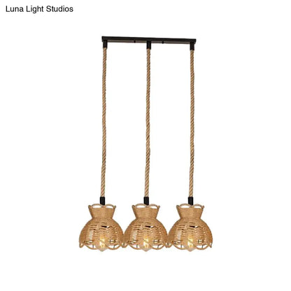 Farmhouse Hemp Bistro Pendant - Round/Linear 3/6-Head Brown Multi Hanging Lamp with Scalloped Trim