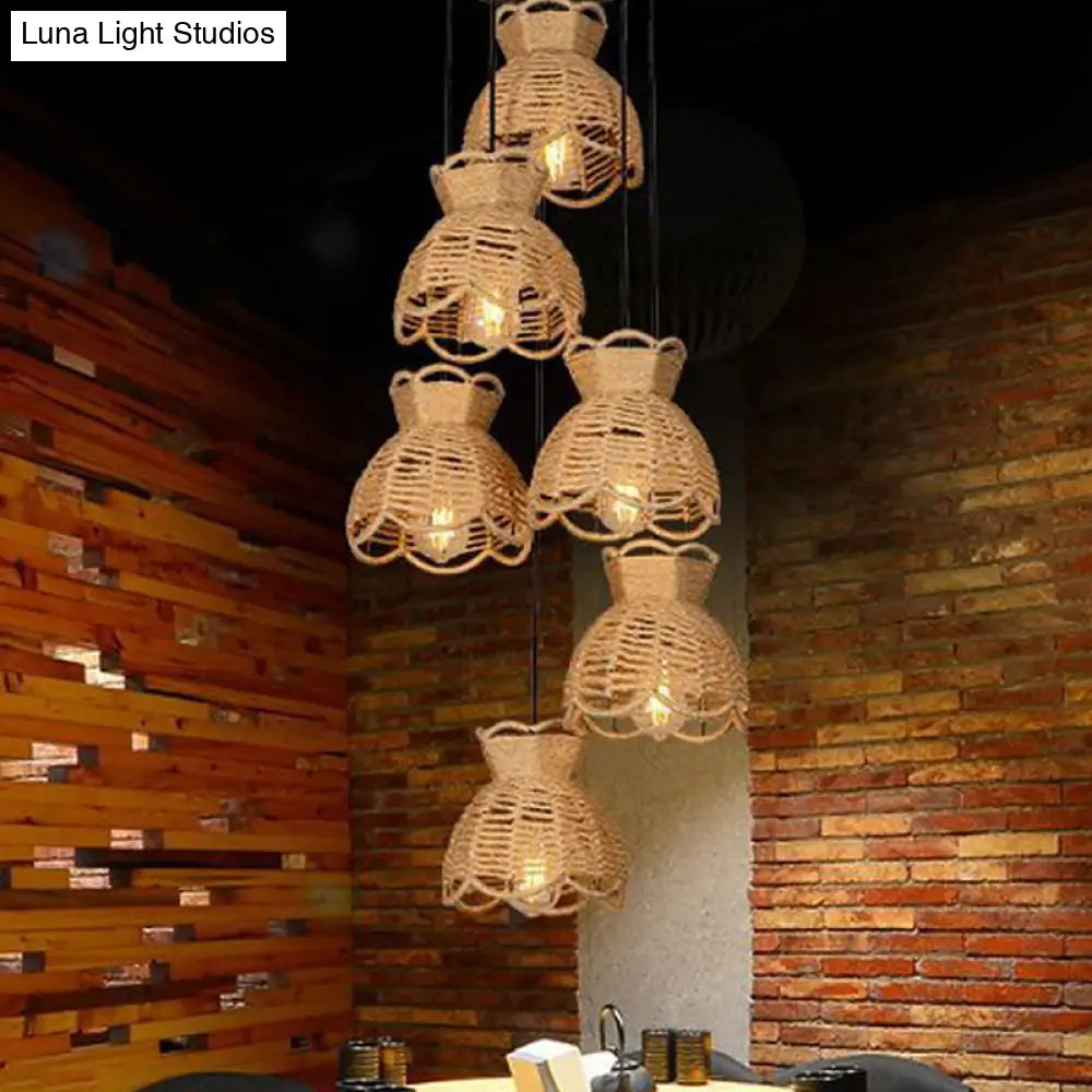 Farmhouse Hemp Bistro Pendant - Round/Linear 3/6-Head Brown Multi Hanging Lamp with Scalloped Trim