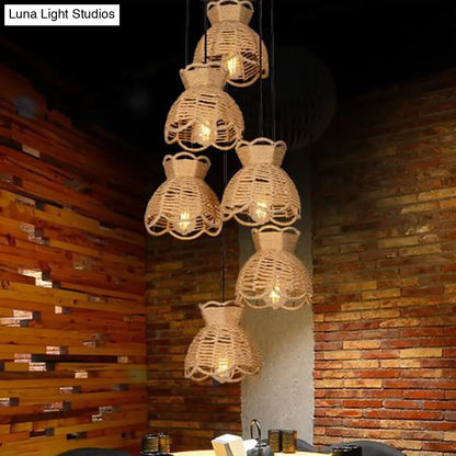 Farmhouse Hemp Bistro Pendant - Round/Linear 3/6-Head Brown Multi Hanging Lamp with Scalloped Trim