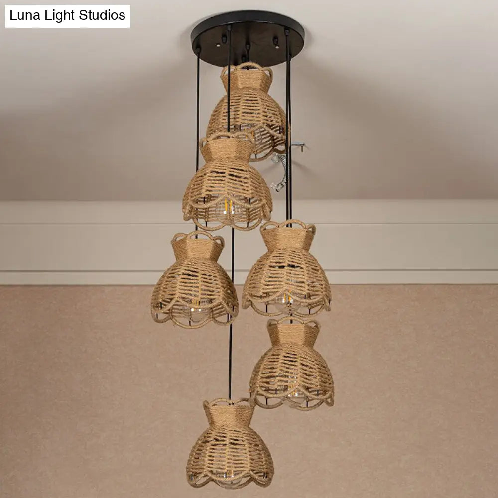 Farmhouse Hemp Bistro Pendant - Round/Linear 3/6-Head Brown Multi Hanging Lamp with Scalloped Trim