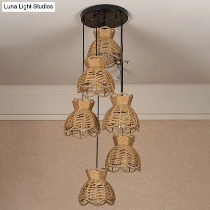 Farmhouse Hemp Bistro Pendant - Round/Linear 3/6-Head Brown Multi Hanging Lamp with Scalloped Trim