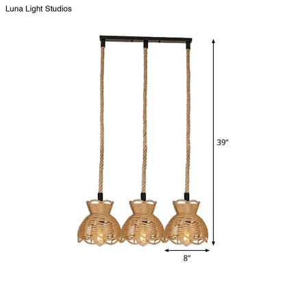 Farmhouse Hemp Bistro Pendant - Round/Linear 3/6-Head Brown Multi Hanging Lamp with Scalloped Trim