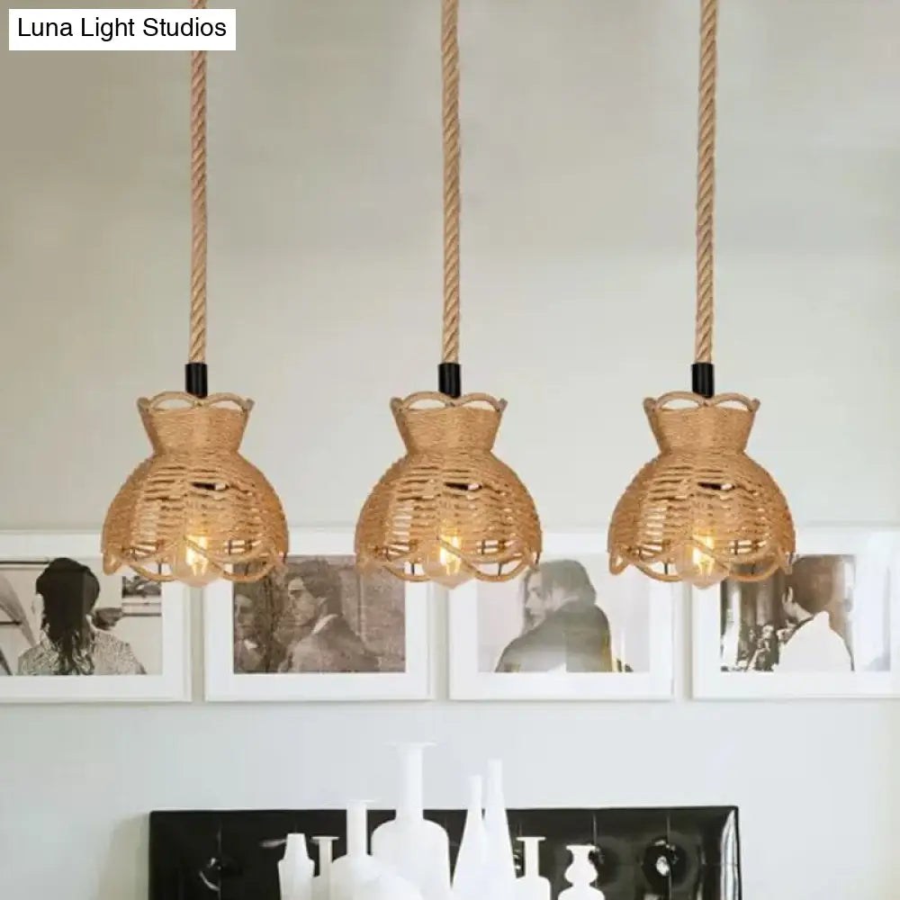 Farmhouse Hemp Bistro Pendant - Round/Linear 3/6-Head Brown Multi Hanging Lamp with Scalloped Trim