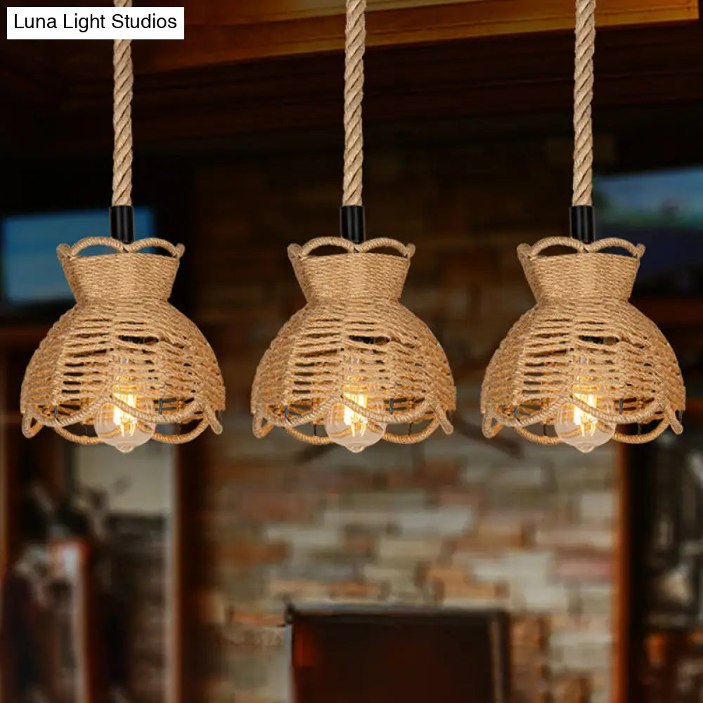 Farmhouse Hemp Bistro Pendant - Round/Linear 3/6-Head Brown Multi Hanging Lamp with Scalloped Trim