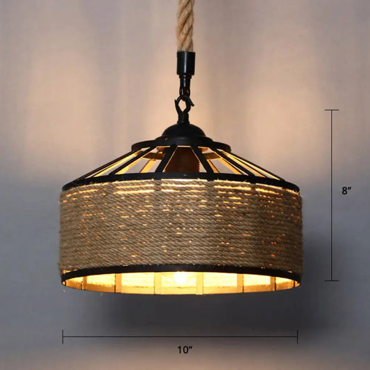 Farmhouse Hemp Rope Pendant Light - Conical Cage Design, Brown Finish, 1 Bulb