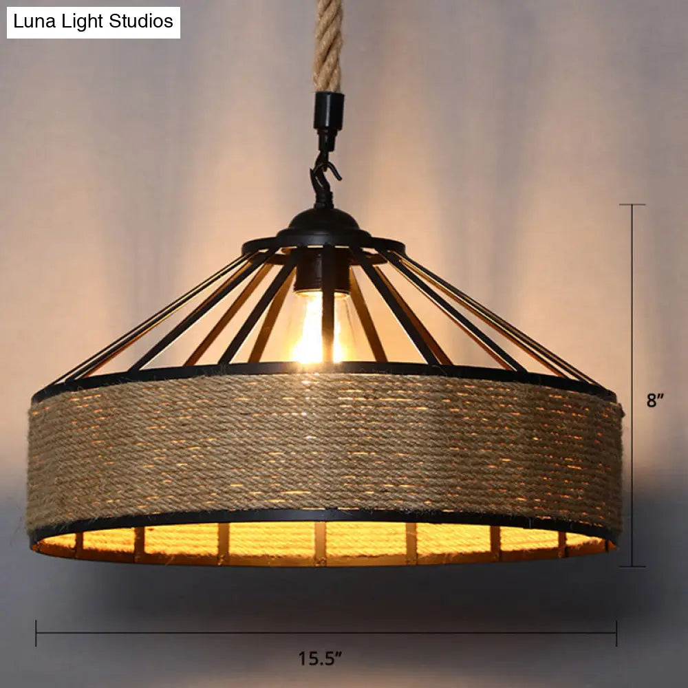 Farmhouse Hemp Rope Pendant Light - Conical Cage Design, Brown Finish, 1 Bulb