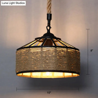 Farmhouse Hemp Rope Pendant Light - Conical Cage Design, Brown Finish, 1 Bulb