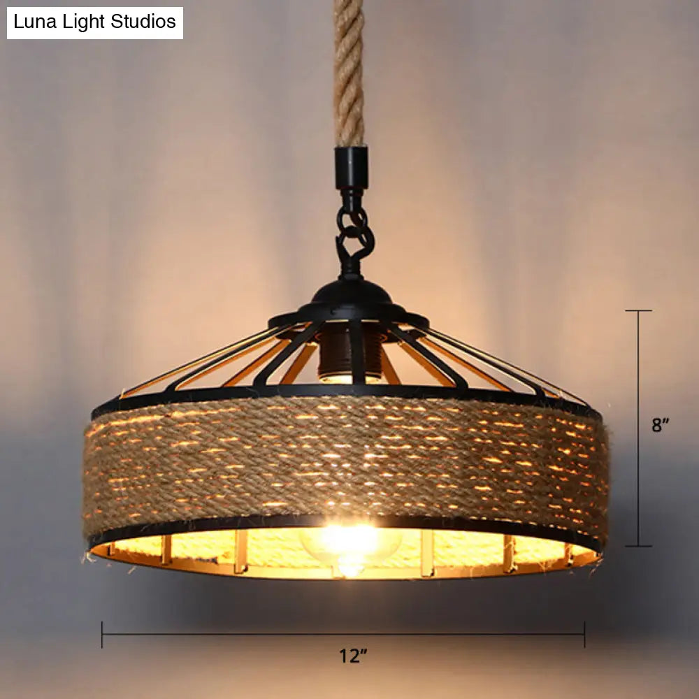 Farmhouse Hemp Rope Pendant Light - Conical Cage Design, Brown Finish, 1 Bulb