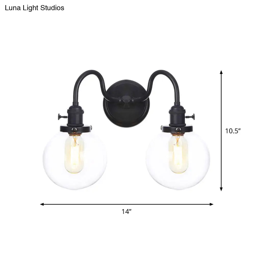 DecorBites™ Farmhouse Iron 2-Head Wall Lighting in Black with Curved/Straight Arm, Clear Glass Cone/Ball Shades - Bathroom Wall Light