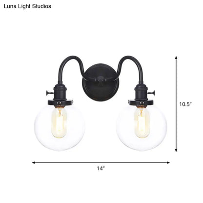 DecorBites™ Farmhouse Iron 2-Head Wall Lighting in Black with Curved/Straight Arm, Clear Glass Cone/Ball Shades - Bathroom Wall Light