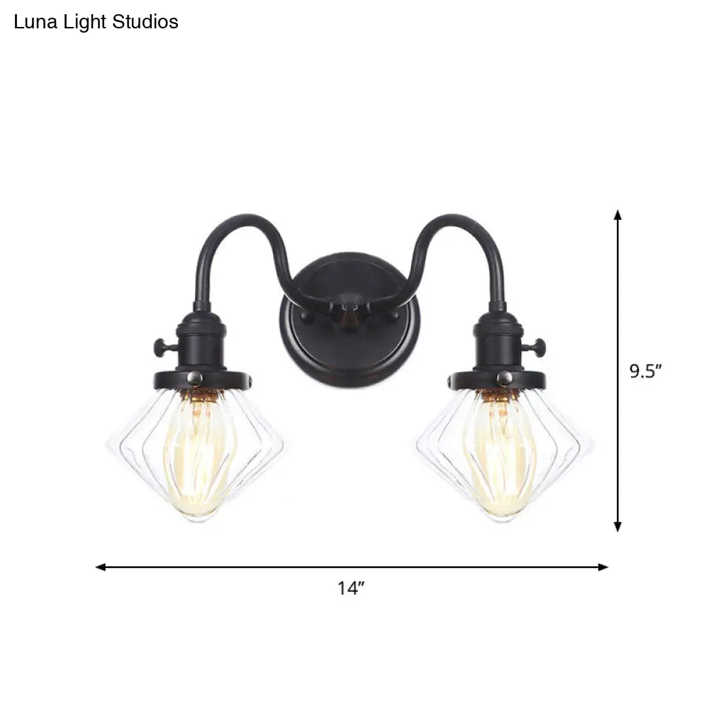DecorBites™ Farmhouse Iron 2-Head Wall Lighting in Black with Curved/Straight Arm, Clear Glass Cone/Ball Shades - Bathroom Wall Light