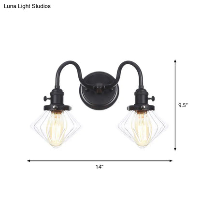 DecorBites™ Farmhouse Iron 2-Head Wall Lighting in Black with Curved/Straight Arm, Clear Glass Cone/Ball Shades - Bathroom Wall Light
