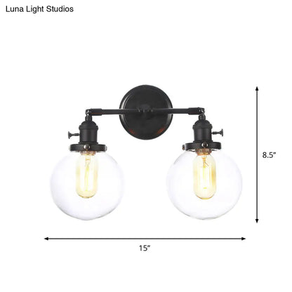 DecorBites™ Farmhouse Iron 2-Head Wall Lighting in Black with Curved/Straight Arm, Clear Glass Cone/Ball Shades - Bathroom Wall Light