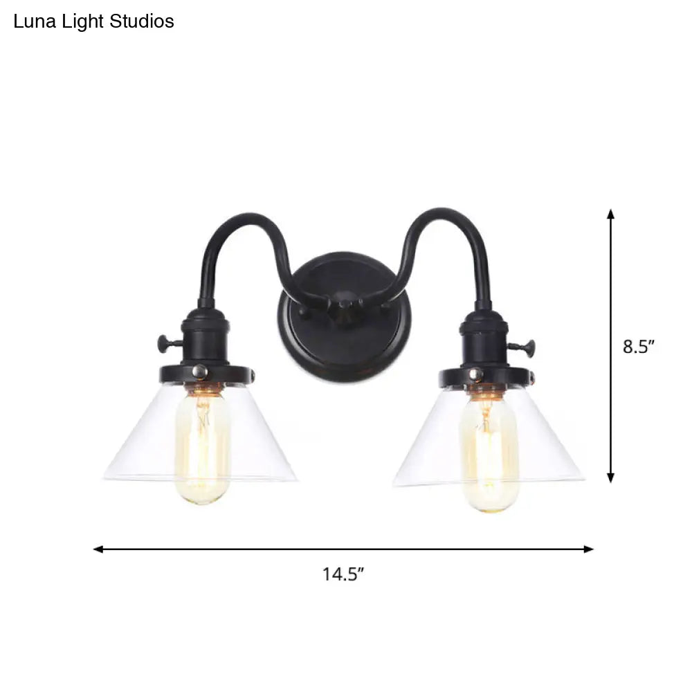 DecorBites™ Farmhouse Iron 2-Head Wall Lighting in Black with Curved/Straight Arm, Clear Glass Cone/Ball Shades - Bathroom Wall Light