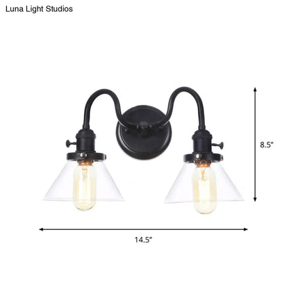 DecorBites™ Farmhouse Iron 2-Head Wall Lighting in Black with Curved/Straight Arm, Clear Glass Cone/Ball Shades - Bathroom Wall Light