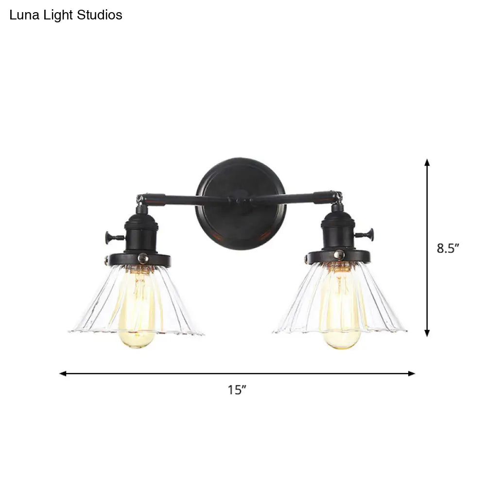DecorBites™ Farmhouse Iron 2-Head Wall Lighting in Black with Curved/Straight Arm, Clear Glass Cone/Ball Shades - Bathroom Wall Light