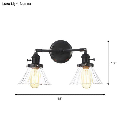 DecorBites™ Farmhouse Iron 2-Head Wall Lighting in Black with Curved/Straight Arm, Clear Glass Cone/Ball Shades - Bathroom Wall Light