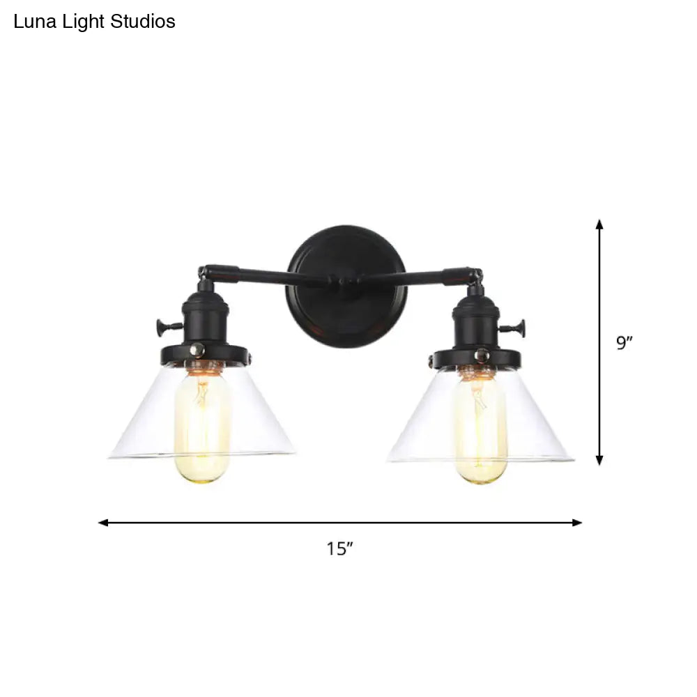 DecorBites™ Farmhouse Iron 2-Head Wall Lighting in Black with Curved/Straight Arm, Clear Glass Cone/Ball Shades - Bathroom Wall Light