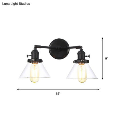 DecorBites™ Farmhouse Iron 2-Head Wall Lighting in Black with Curved/Straight Arm, Clear Glass Cone/Ball Shades - Bathroom Wall Light