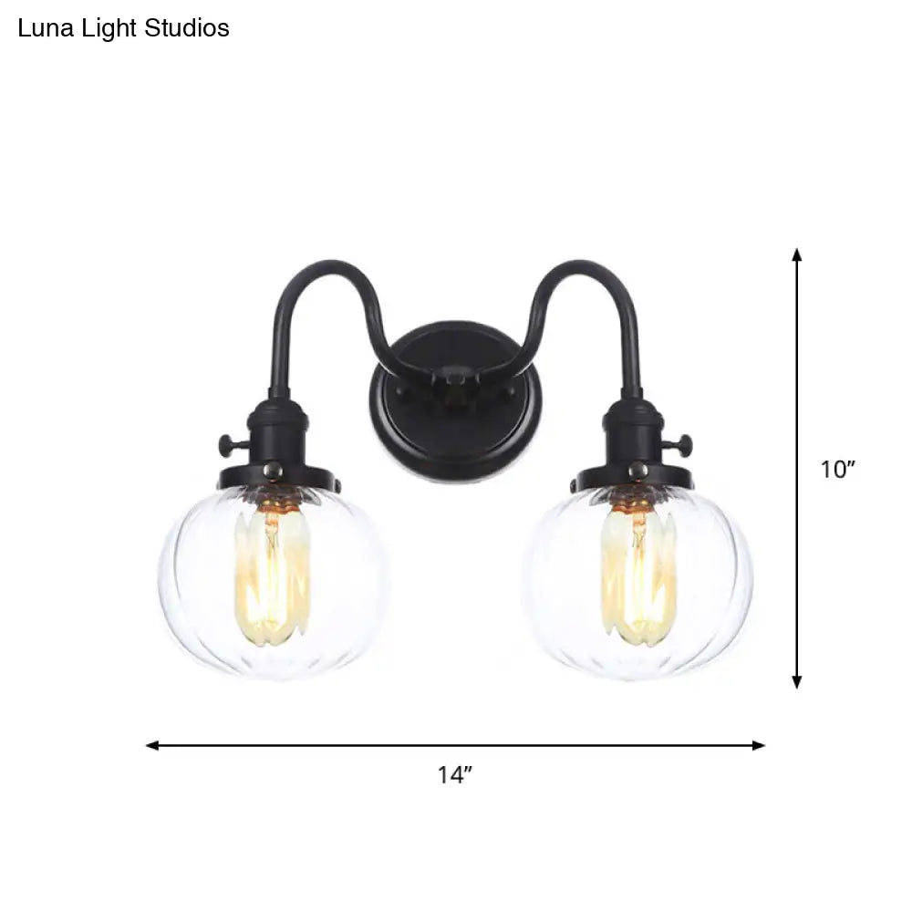 DecorBites™ Farmhouse Iron 2-Head Wall Lighting in Black with Curved/Straight Arm, Clear Glass Cone/Ball Shades - Bathroom Wall Light