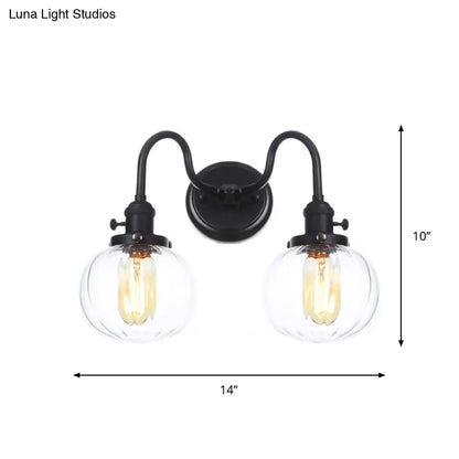 DecorBites™ Farmhouse Iron 2-Head Wall Lighting in Black with Curved/Straight Arm, Clear Glass Cone/Ball Shades - Bathroom Wall Light