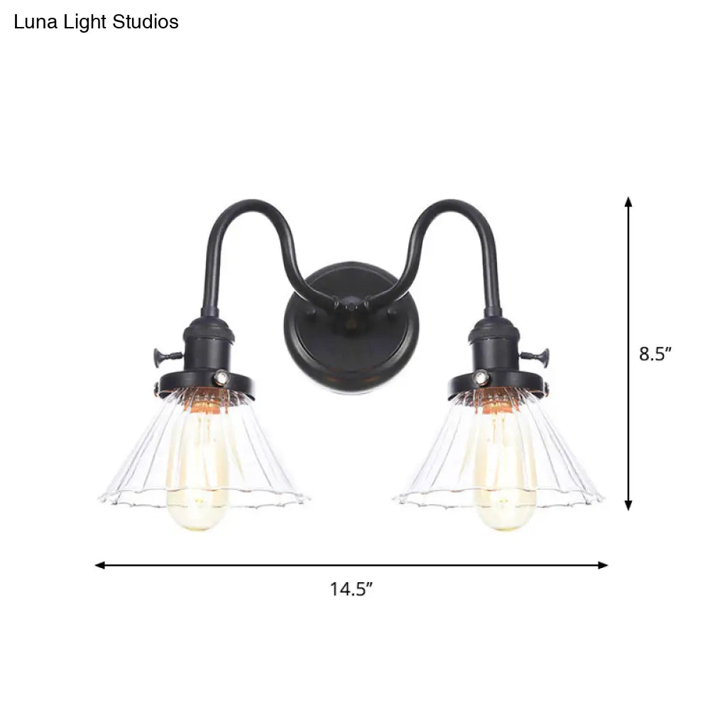 DecorBites™ Farmhouse Iron 2-Head Wall Lighting in Black with Curved/Straight Arm, Clear Glass Cone/Ball Shades - Bathroom Wall Light
