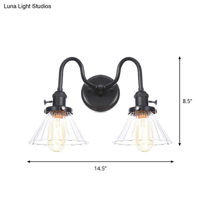 DecorBites™ Farmhouse Iron 2-Head Wall Lighting in Black with Curved/Straight Arm, Clear Glass Cone/Ball Shades - Bathroom Wall Light