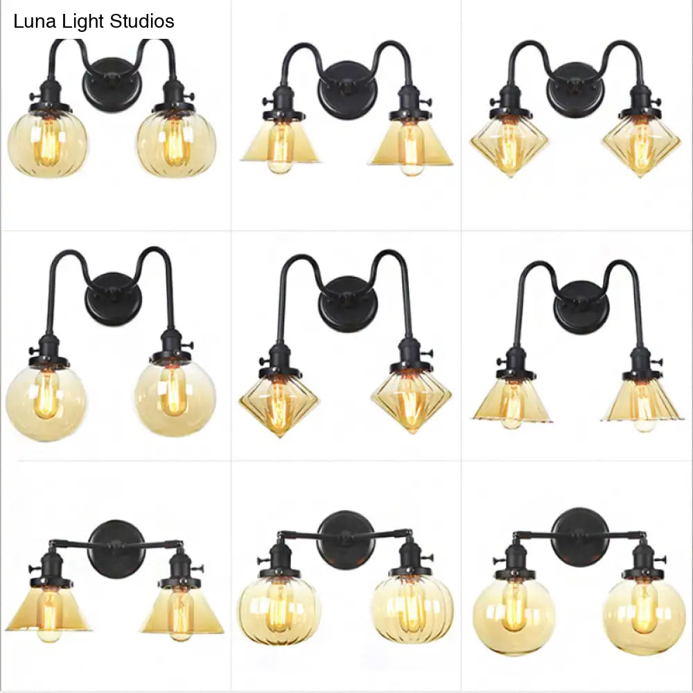 DecorBites™ Farmhouse Iron 2-Head Wall Lighting in Black with Curved/Straight Arm, Clear Glass Cone/Ball Shades - Bathroom Wall Light