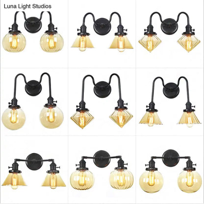 DecorBites™ Farmhouse Iron 2-Head Wall Lighting in Black with Curved/Straight Arm, Clear Glass Cone/Ball Shades - Bathroom Wall Light