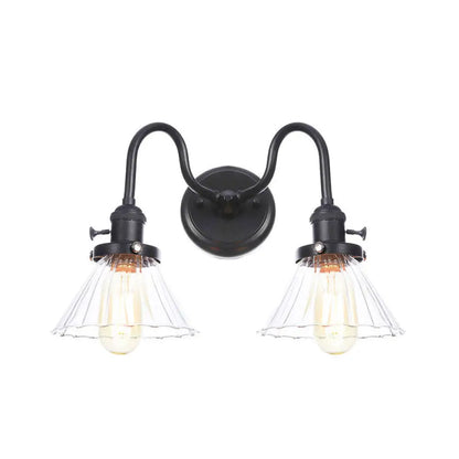 DecorBites™ Farmhouse Iron 2-Head Wall Lighting in Black with Curved/Straight Arm, Clear Glass Cone/Ball Shades - Bathroom Wall Light