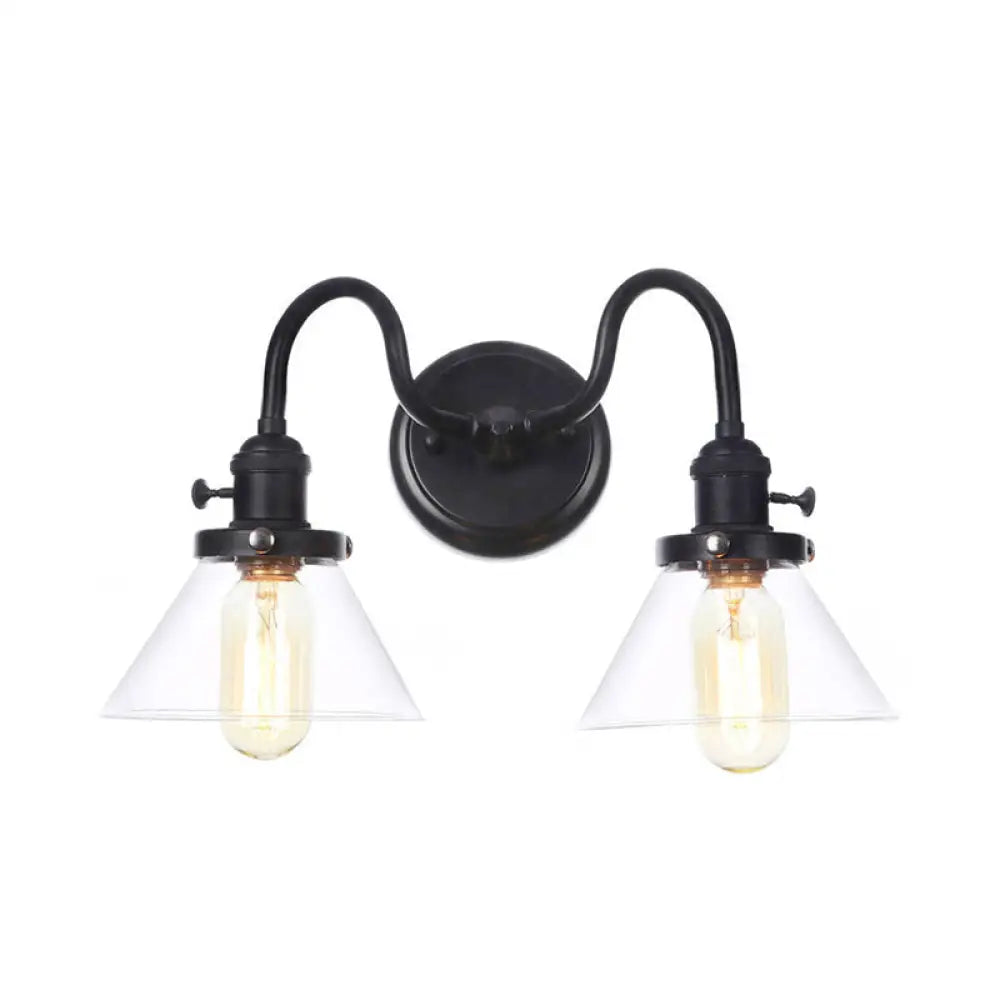 DecorBites™ Farmhouse Iron 2-Head Wall Lighting in Black with Curved/Straight Arm, Clear Glass Cone/Ball Shades - Bathroom Wall Light