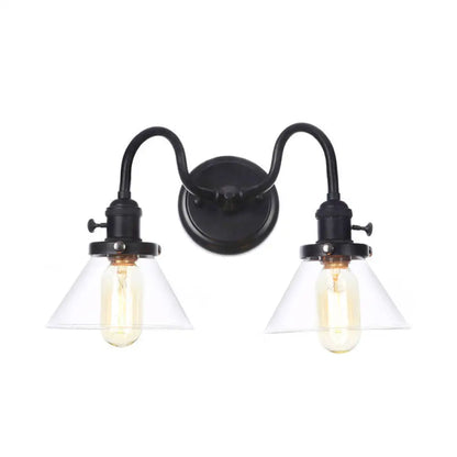 DecorBites™ Farmhouse Iron 2-Head Wall Lighting in Black with Curved/Straight Arm, Clear Glass Cone/Ball Shades - Bathroom Wall Light