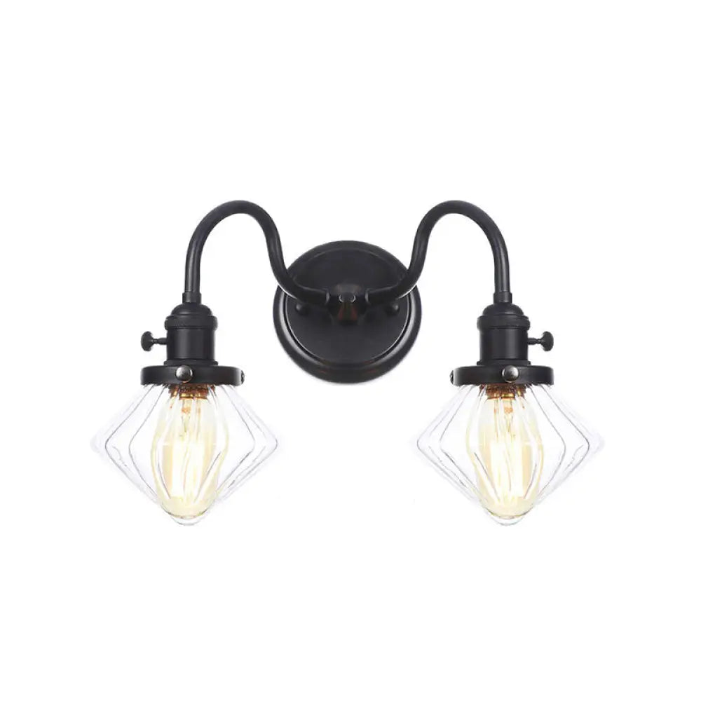 DecorBites™ Farmhouse Iron 2-Head Wall Lighting in Black with Curved/Straight Arm, Clear Glass Cone/Ball Shades - Bathroom Wall Light