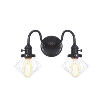 DecorBites™ Farmhouse Iron 2-Head Wall Lighting in Black with Curved/Straight Arm, Clear Glass Cone/Ball Shades - Bathroom Wall Light