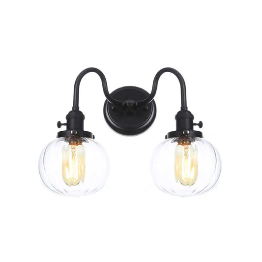 DecorBites™ Farmhouse Iron 2-Head Wall Lighting in Black with Curved/Straight Arm, Clear Glass Cone/Ball Shades - Bathroom Wall Light
