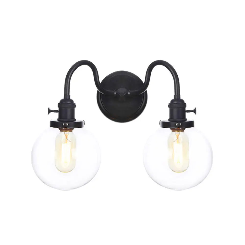 DecorBites™ Farmhouse Iron 2-Head Wall Lighting in Black with Curved/Straight Arm, Clear Glass Cone/Ball Shades - Bathroom Wall Light